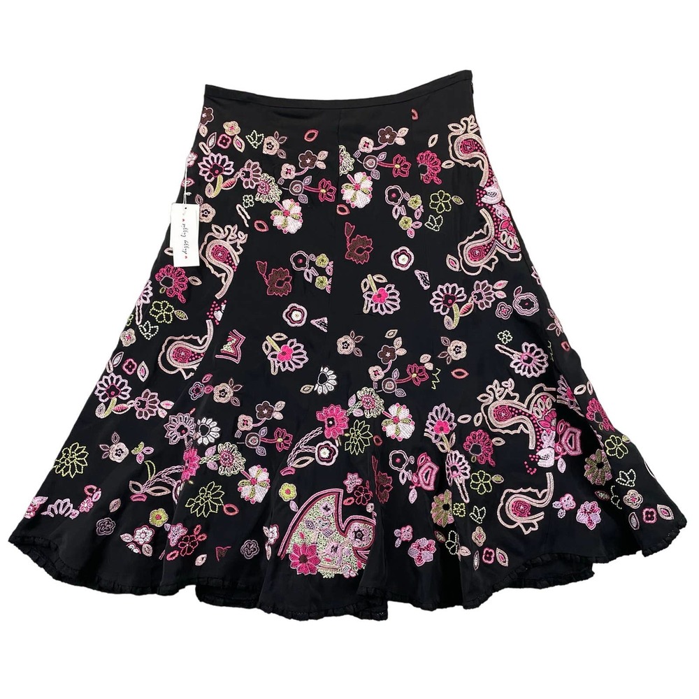 NWT Dizzy Lizzie Womens Skirt 100% Silk Sz 10 Boho Floral Embroidered A-Line